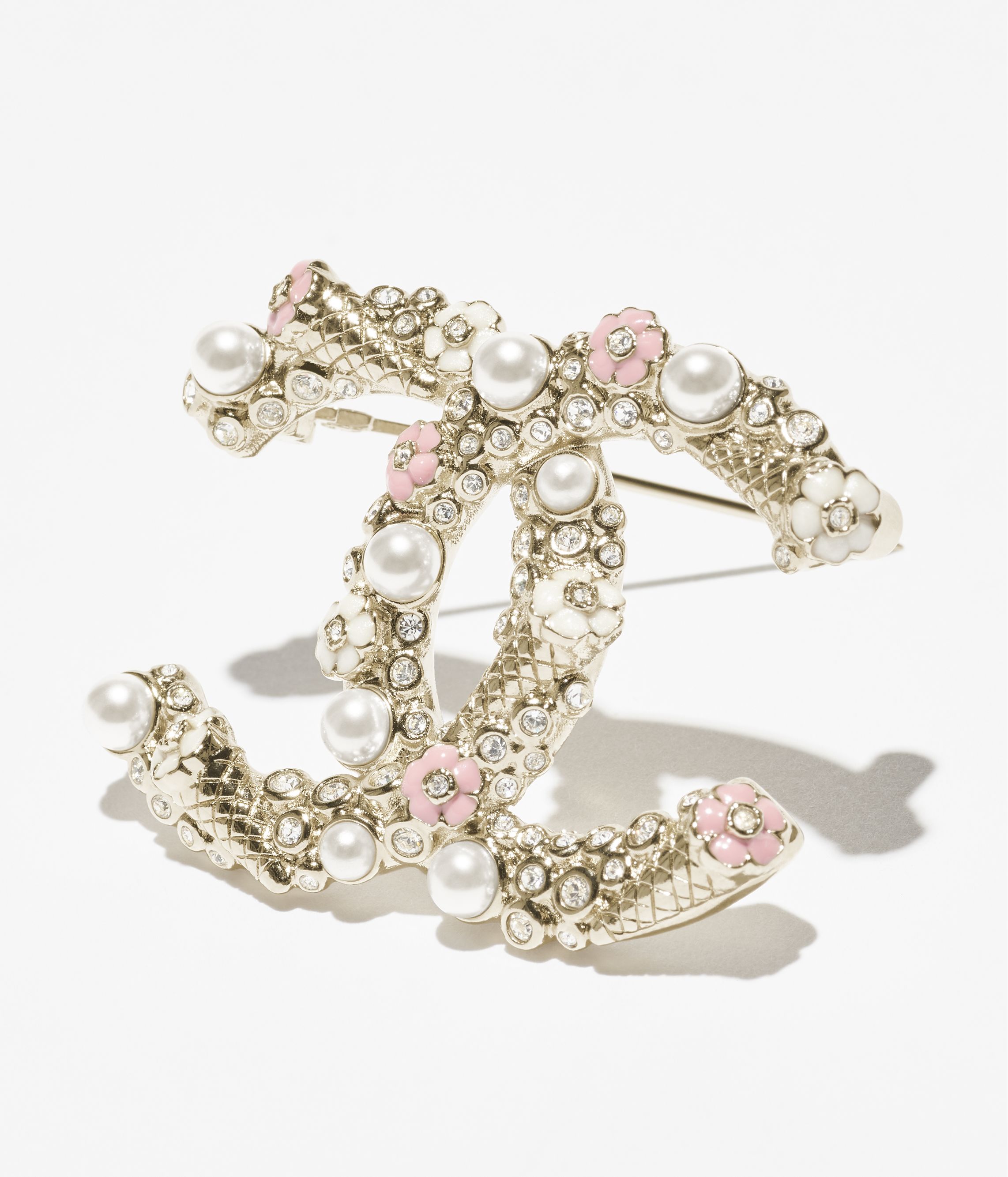 Brooch - Metal, resin, glass pearls & strass, gold, pink, pearly