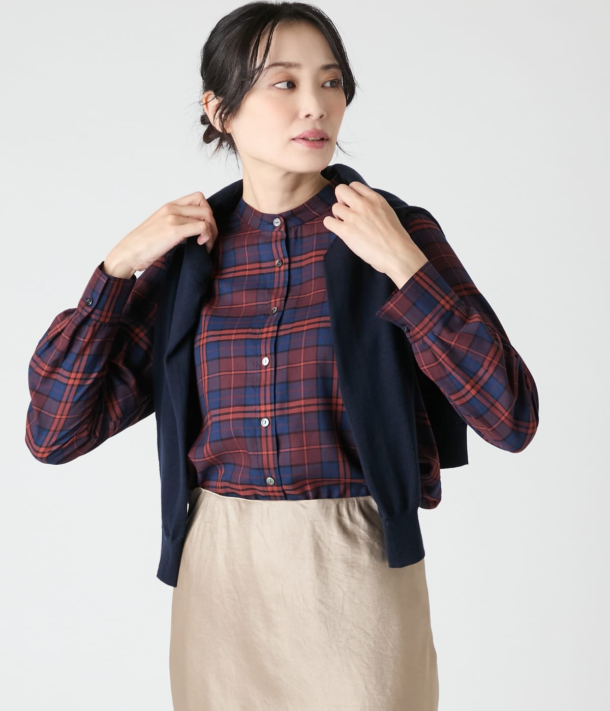 タータンチェック 長袖スタンドカラーシャツ(71616417-2025