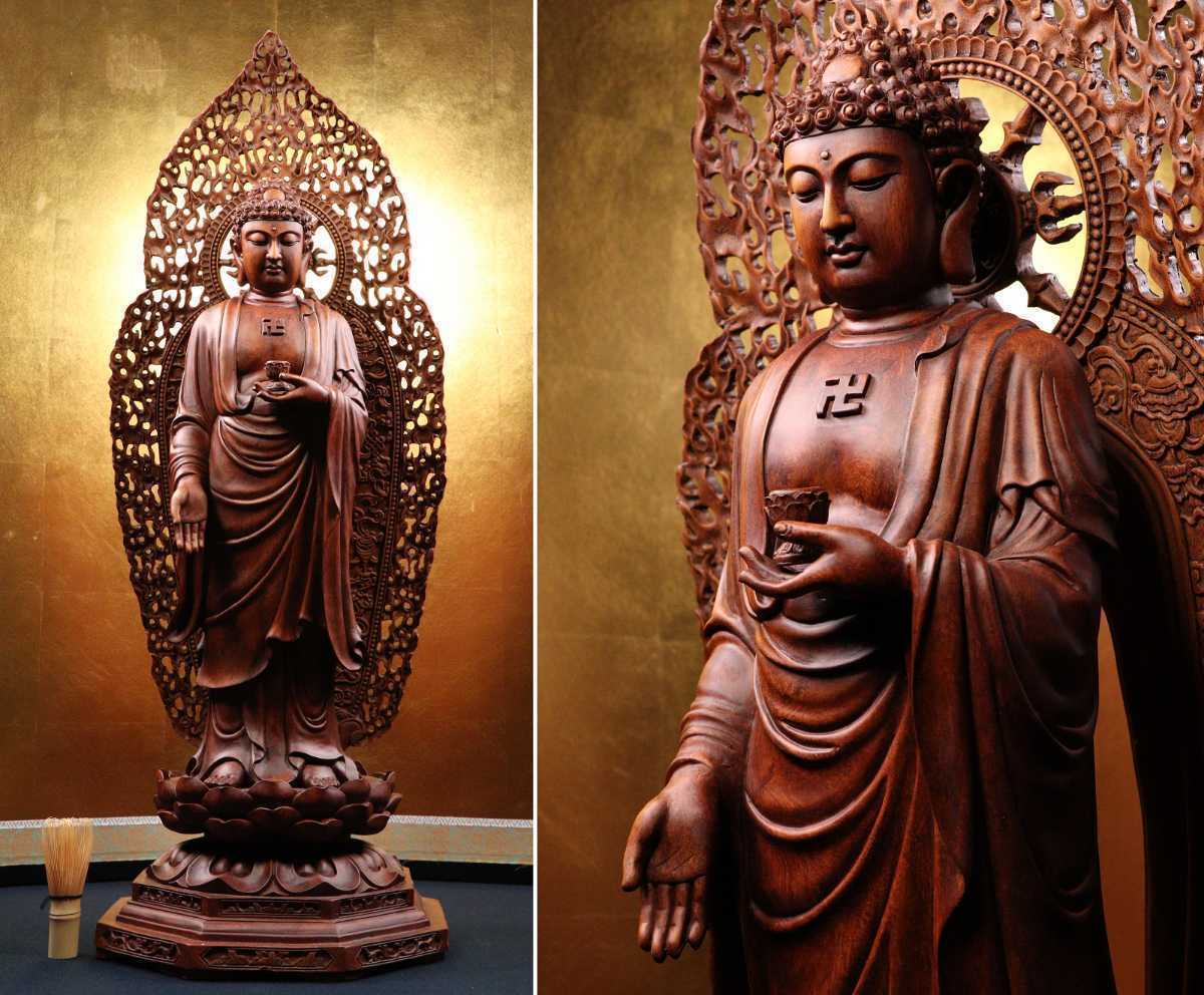 CB68 仏教美術 釈迦如来立像 高80 8cm 卍符 寺院細密彫刻仏像佛像唐物