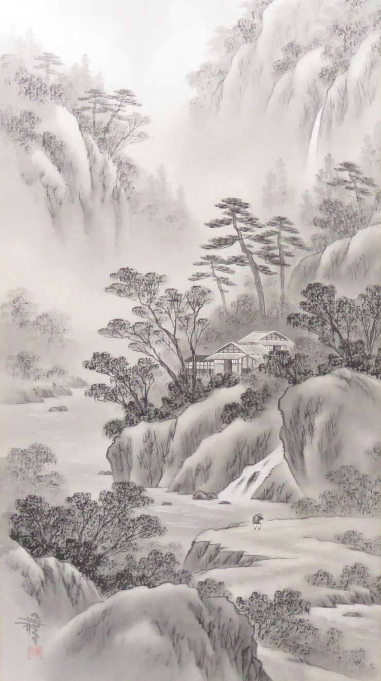 掛軸 吉村舞堂 水墨山水 尺五立 現代作家新作掛軸 JY1497 | Kogando