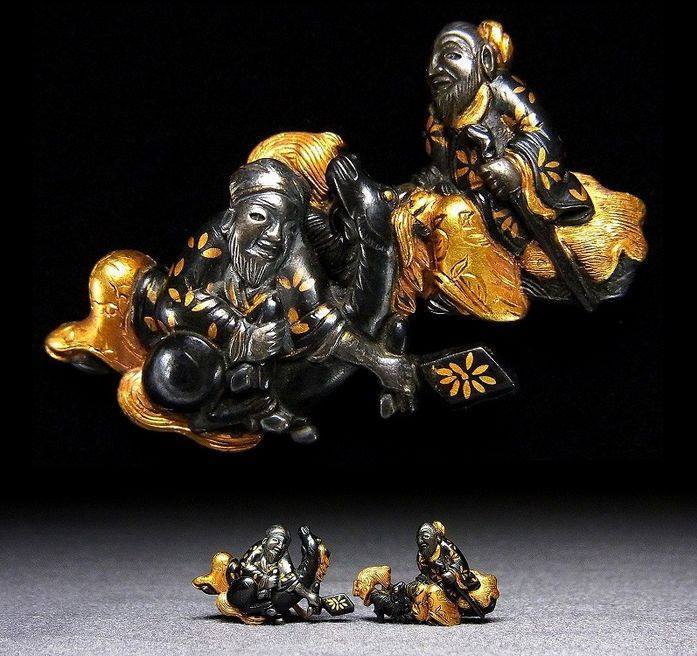 赤銅地容彫中国故事図目貫 後藤程乗 | 松風刀装店 antiques matsukaze