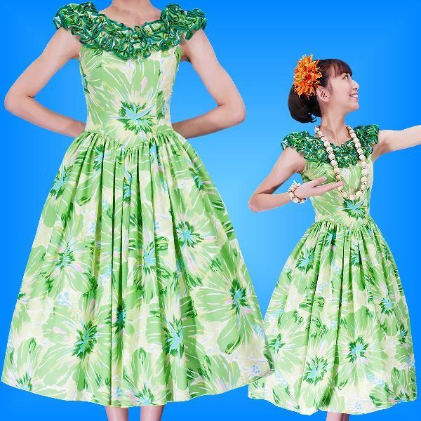 フラダンス ムームー フリル ミディ丈ドレス グリーン Fサイズ 2380grF