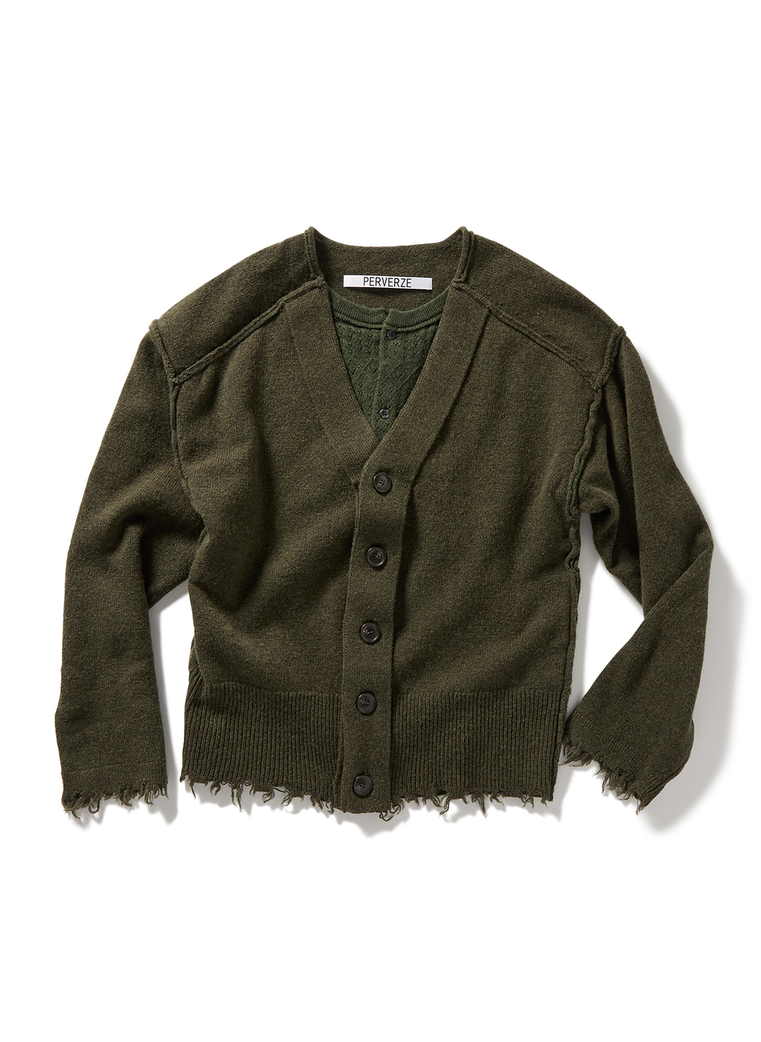 Lambs-wool Layered Knit Cardigan/Khaki｜PERVERZE | パーバーズの