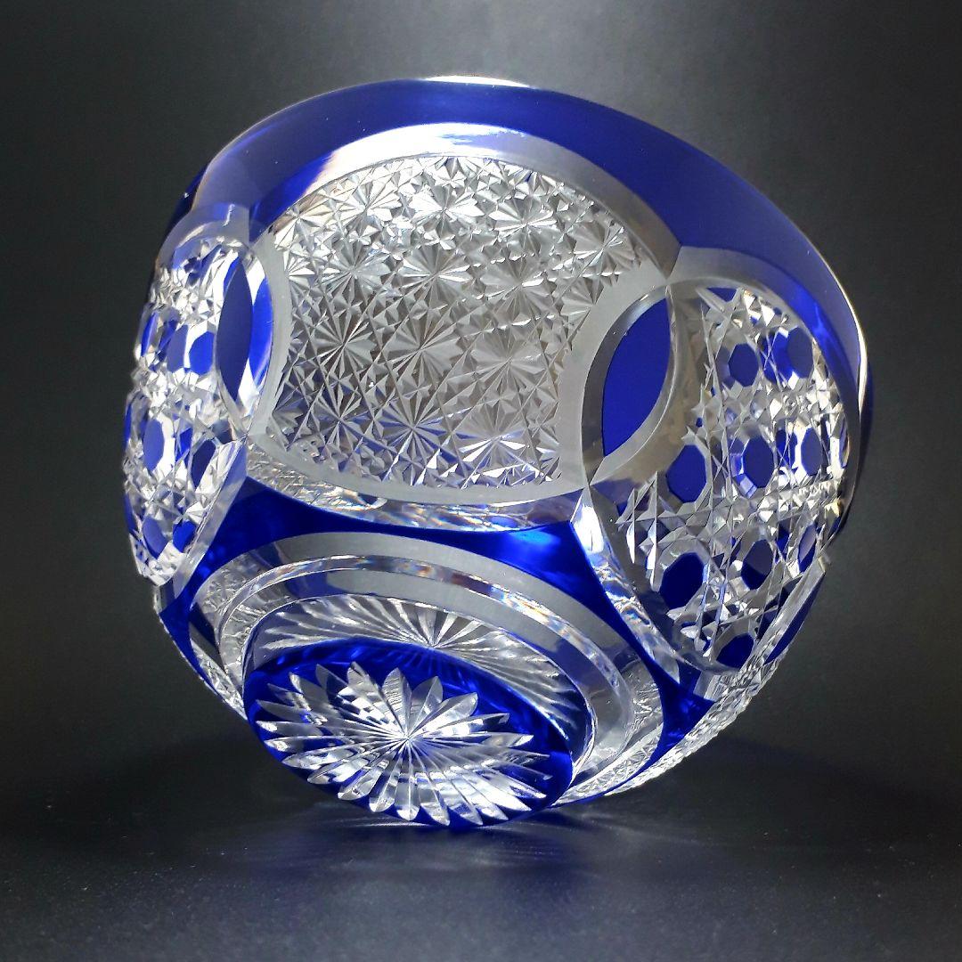 江戸切子　瑠璃色被せガラス　切子鉢　　　伝統工芸士 大友精三 作【美品 未使用】