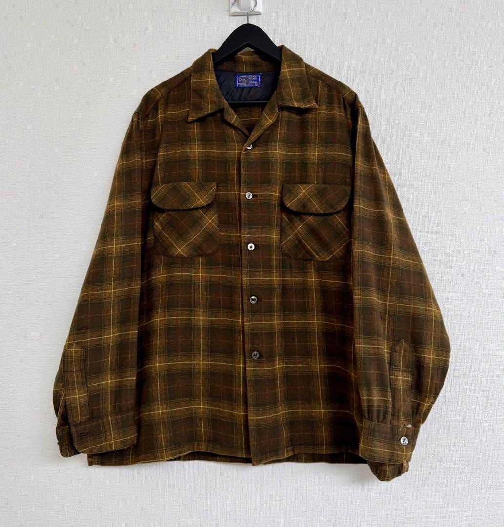 超スペシャル 60s ペンドルトン オンブレ チェック シャツ XL ブラウン 60s PENDLETONペンドルトン オンブレチェック オープンカラー ウール
