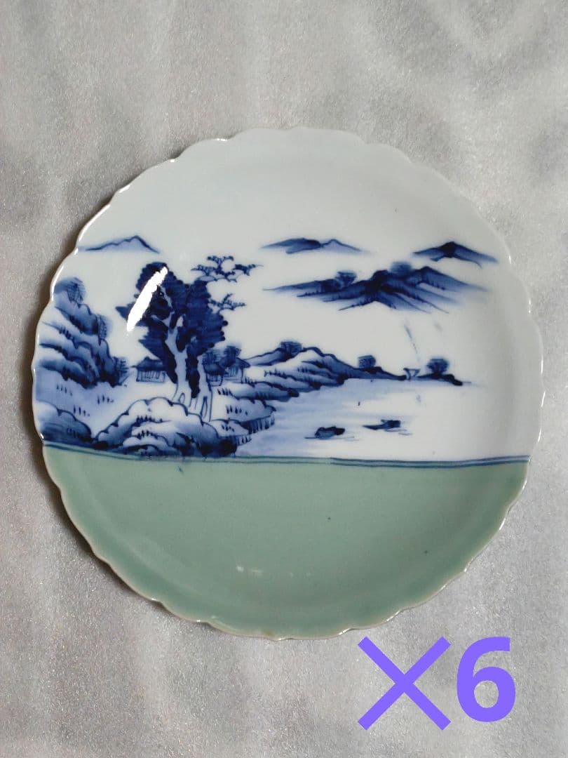 古伊万里　青磁　染付　風景皿　中皿　骨董　輪花形