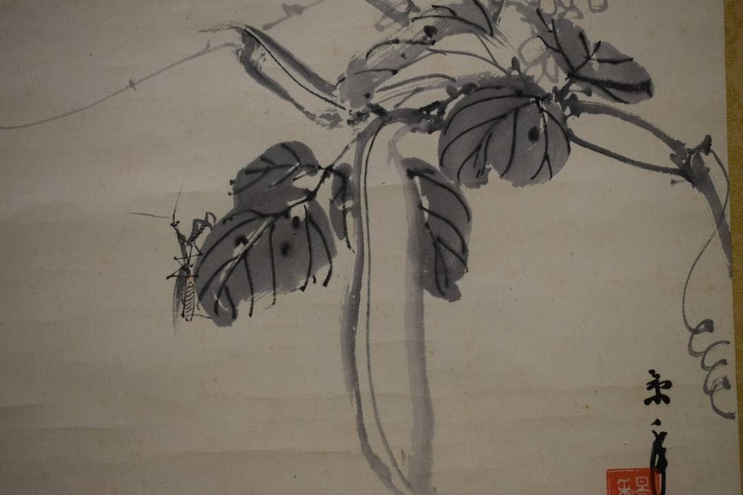 真作/今尾景年/刀豆にカマキリ図/景祥の桐極箱二重箱付/布袋屋掛軸HJ-109