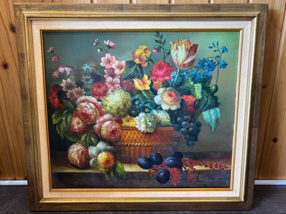 【油絵 / 模写 】 果実と花 絵画 額縁 壁掛け 絵 花 果物