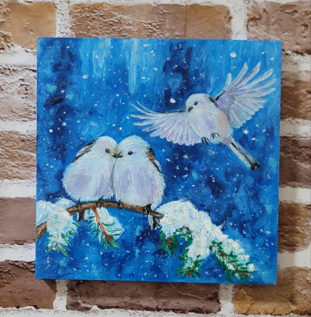 オイルパステル原画「雪の妖精と冬の青」 油絵 原画 雪景色 冬景色 幻想的 青 絵画 F3「雪降る幻想」 絵画 HR