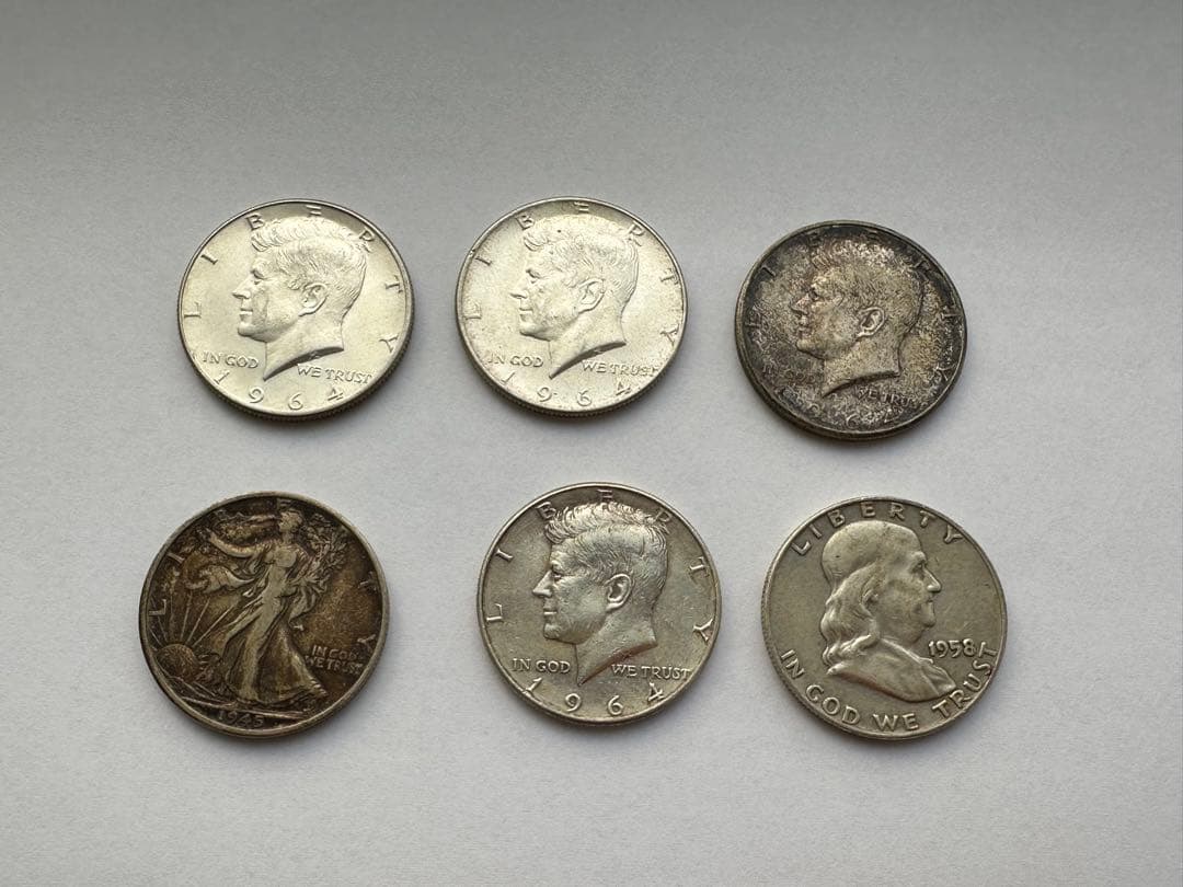 アメリカ銀貨　6枚　1964年ケネディ銀 ウォーキングリバティー 銀貨 本物