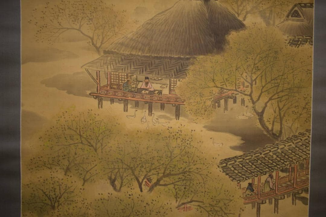 真作/秀耕/山水人物図/山水家鴨図/絹表装/布袋屋掛軸HI-897