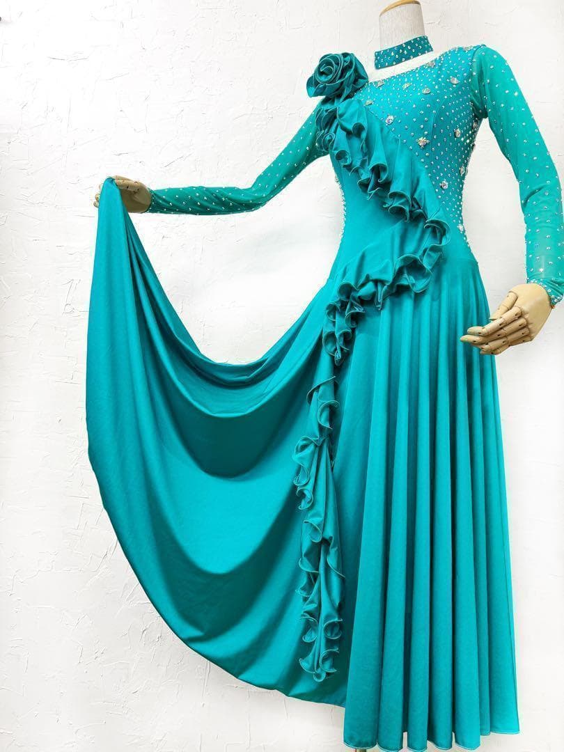 ミミ【Lサイズ】エメラルドグリーン　フリルワンピースドレス　ｇ034